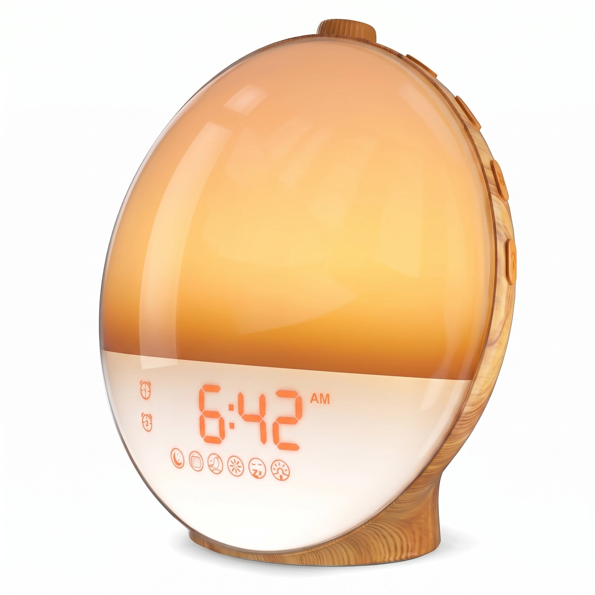Wood grain sunrise alarm clock with a warm amber sunrise simulation glow