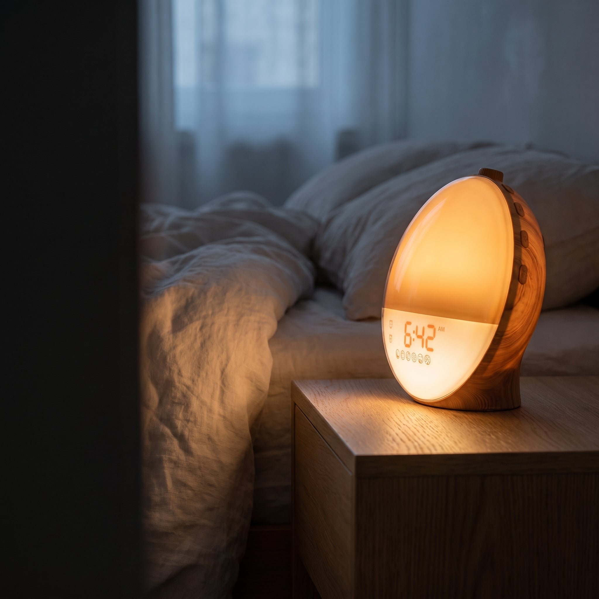 Sunrise alarm clock glowing on a bedside table in a dark bedroom at dawn