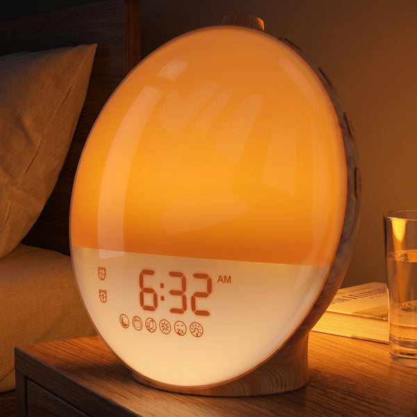 Sunrise clock glowing warm amber and lighting the nightstand