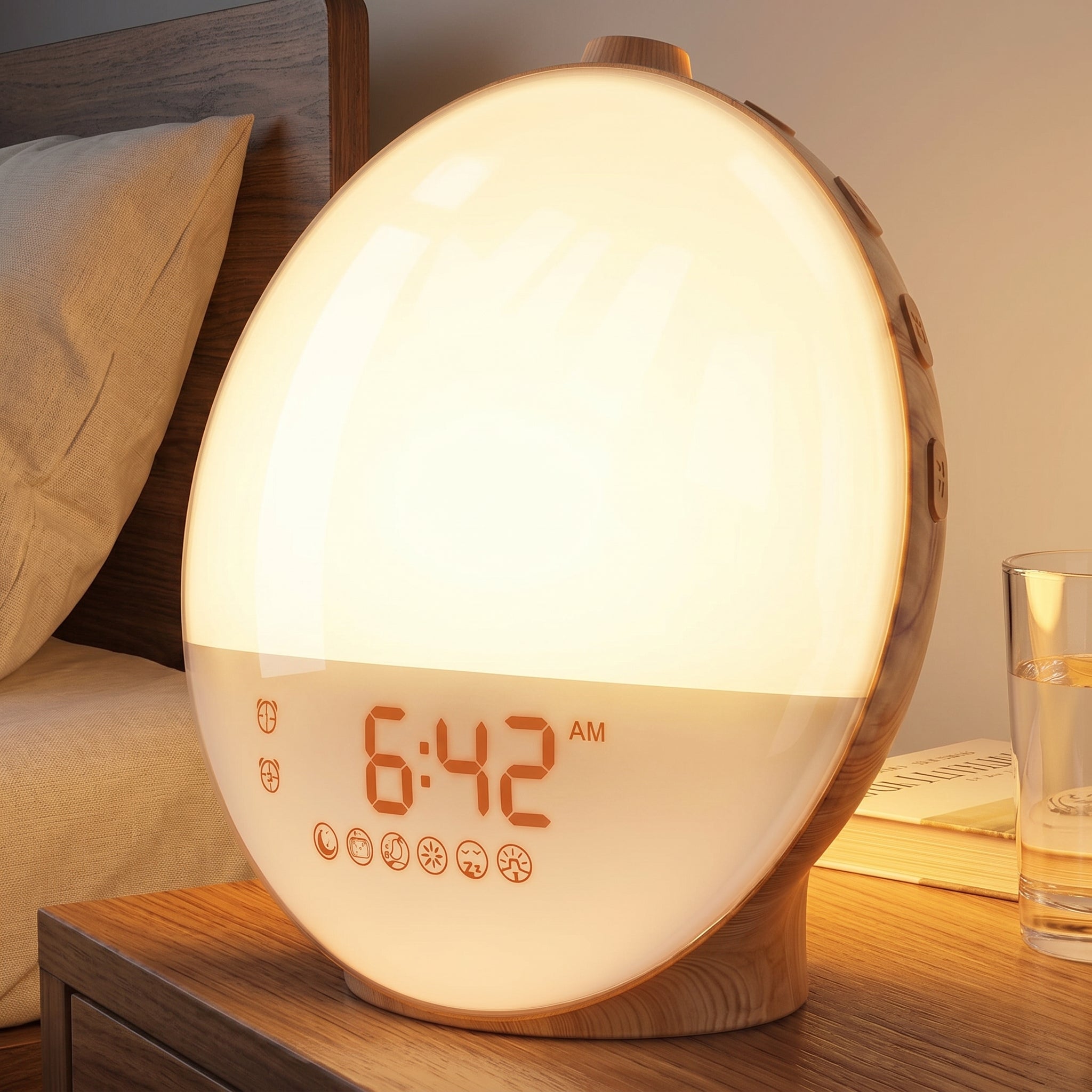 Wake-up light at full brightness, simulating daylight in a bedroom