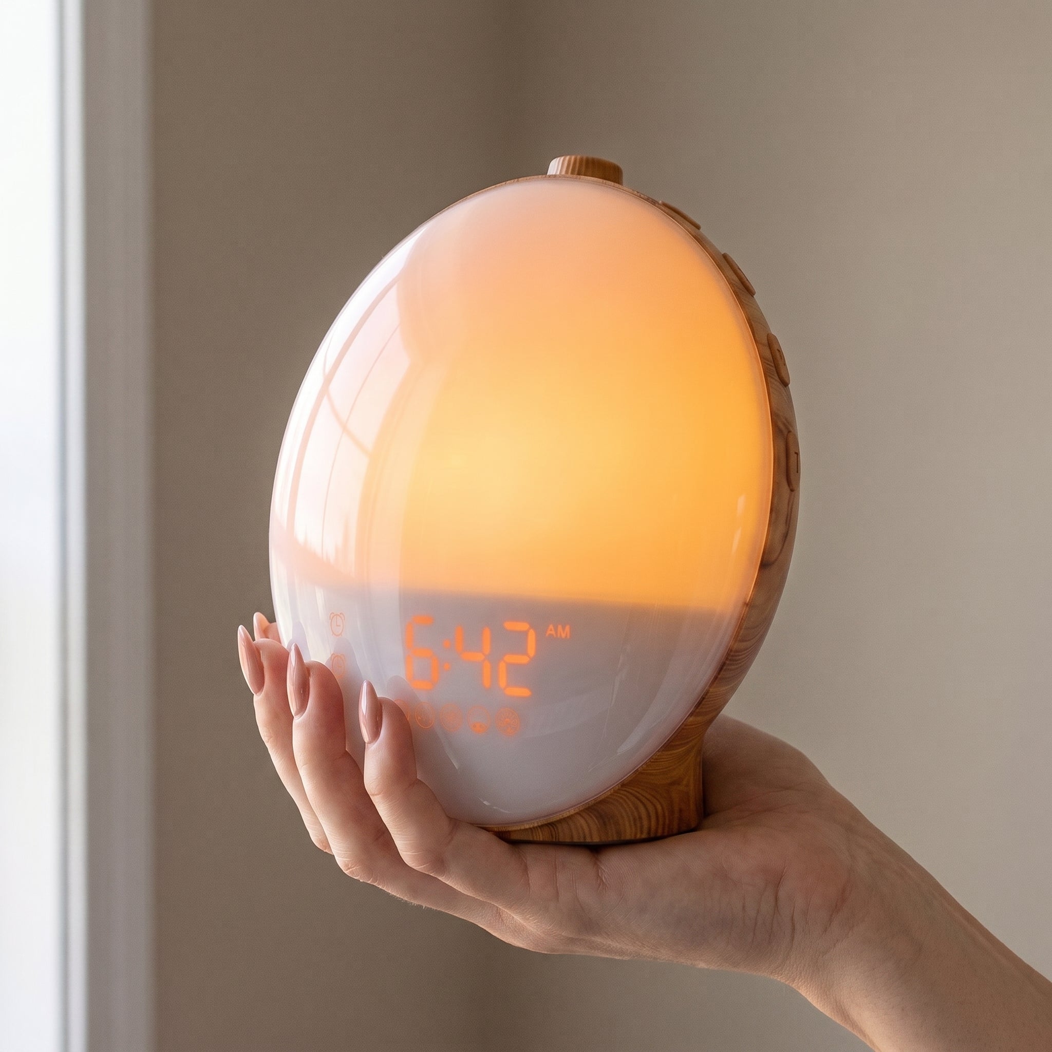 Hand holding a wood grain sunrise alarm clock, showing its size